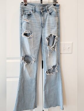 American Eagle Outfitters Light Blue Distressed Wide-Leg Jeans